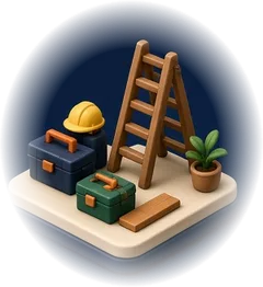 Toolbox, hard hat and ladder