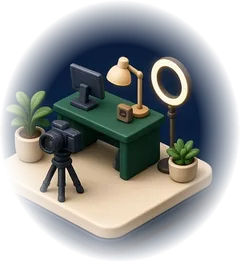 Creator desk with camera and ring light